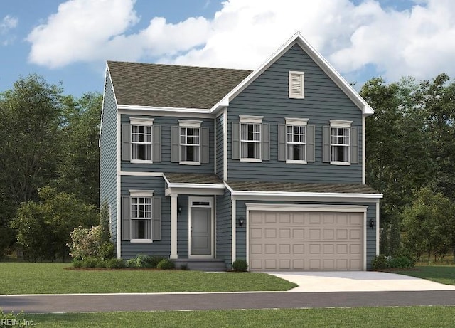 9359 Imagination Ave, Toano, VA 23168 - view of front facade with an attached garage, driveway, a front lawn, and roof with shingles