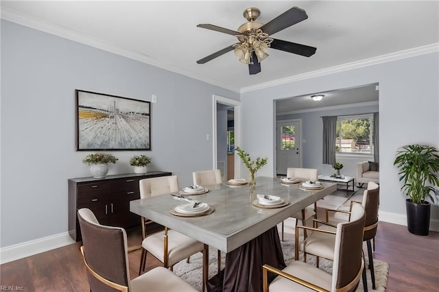 4704 Lonewillow Ln, Virginia Beach, VA 23455 - dining area with baseboards, ceiling fan, dark wood finished floors, and ornamental molding