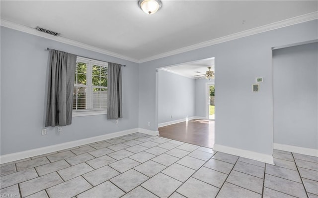 4704 Lonewillow Ln, Virginia Beach, VA 23455 - empty room featuring ornamental molding, a ceiling fan, light tile patterned floors, and baseboards