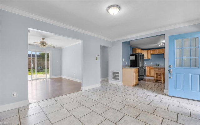 4704 Lonewillow Ln, Virginia Beach, VA 23455 - unfurnished living room featuring ceiling fan, crown molding, baseboards, light tile patterned floors, and a sink