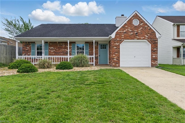 1713 Silver Springs Ct, Virginia Beach, VA 23456 - view of front of house with driveway, a chimney, brick siding, a garage, and covered porch