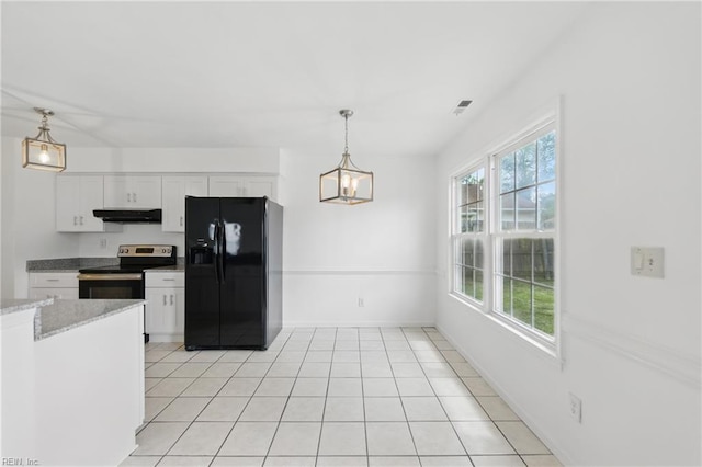 1713 Silver Springs Ct, Virginia Beach, VA 23456 - kitchen with black fridge, stainless steel range with electric stovetop, under cabinet range hood, white cabinets, and hanging light fixtures