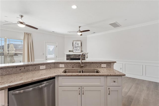 23 Mallory Way, Hampton, VA 23664 - kitchen with a sink, dishwasher, ceiling fan, crown molding, and white cabinets