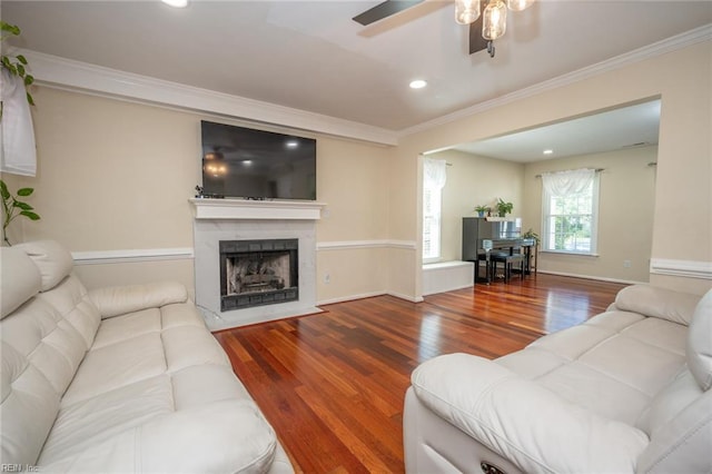 1020 Baydon Ln, Chesapeake, VA 23322 - living area with ceiling fan, wood finished floors, crown molding, a fireplace, and recessed lighting
