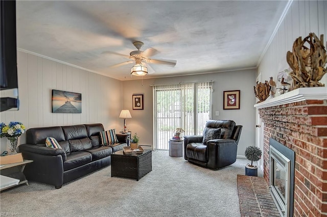 1052 Sunnyside Dr, Virginia Beach, VA 23464 - carpeted living area with ceiling fan, a fireplace, and crown molding