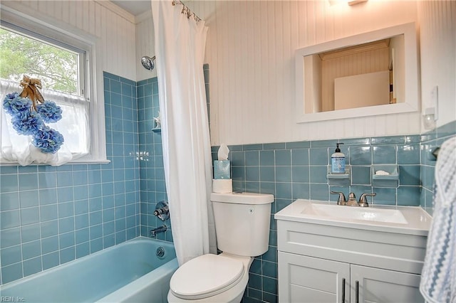 1052 Sunnyside Dr, Virginia Beach, VA 23464 - bathroom with vanity, toilet, shower / bathtub combination with curtain, and tile walls