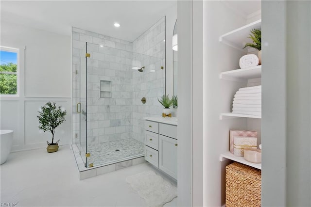 1653 Shipyard Rd, Chesapeake, VA 23323 - full bathroom featuring a shower stall, vanity, a freestanding tub, and recessed lighting