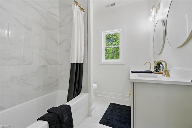 1653 Shipyard Rd, Chesapeake, VA 23323 - full bath featuring toilet, vanity, shower / bath combo with shower curtain, marble finish floors, and baseboards