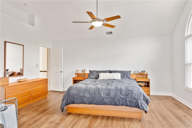 433 Fall Ridge Ln, Chesapeake, VA 23322 - bedroom with light wood-type flooring, high vaulted ceiling, baseboards, and a ceiling fan