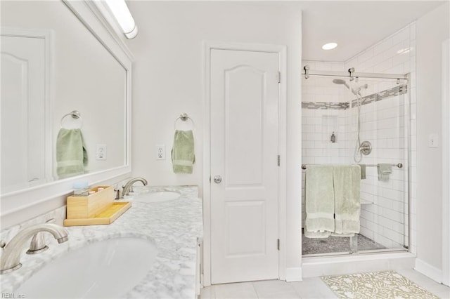 433 Fall Ridge Ln, Chesapeake, VA 23322 - bathroom featuring a shower stall, tile patterned flooring, and double vanity
