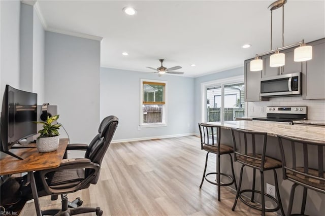 203 Old Seaford Rd, Seaford, VA 23696 - home office featuring crown molding, light wood finished floors, recessed lighting, baseboards, and ceiling fan