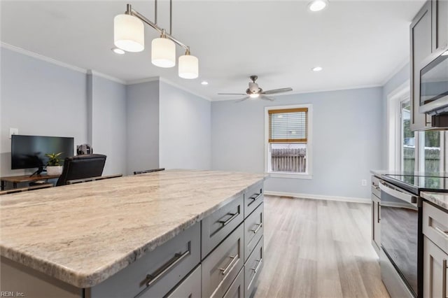 203 Old Seaford Rd, Seaford, VA 23696 - kitchen with appliances with stainless steel finishes, gray cabinets, plenty of natural light, crown molding, and recessed lighting