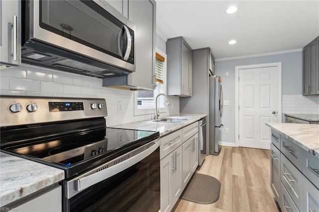 203 Old Seaford Rd, Seaford, VA 23696 - kitchen with appliances with stainless steel finishes, a sink, gray cabinets, decorative backsplash, and light stone counters