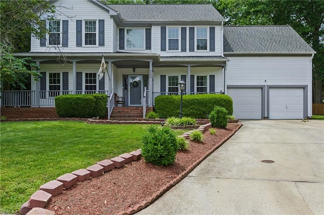 3234 Bentham Ln, Chesapeake, VA 23321 - view of front facade with concrete driveway, a porch, a front yard, and roof with shingles