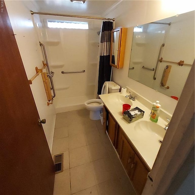 2013 Egger Cir, Hampton, VA 23663 - bathroom with curtained shower, toilet, double vanity, and tile patterned floors