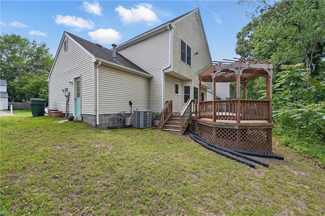 1518 River Creek Cres, Suffolk, VA 23434 - rear view of house featuring a pergola, central air condition unit, a deck, and a lawn
