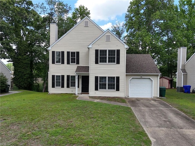 1518 River Creek Cres, Suffolk, VA 23434 - view of front facade with an attached garage, a chimney, driveway, and a front lawn