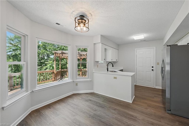 1518 River Creek Cres, Suffolk, VA 23434 - kitchen with freestanding refrigerator, a sink, a textured ceiling, light countertops, and dark wood-style floors