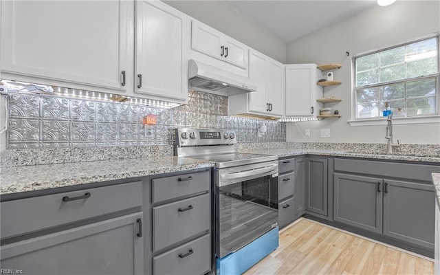 6329 Pelican Cres S, Suffolk, VA 23435 - kitchen with stainless steel range with electric cooktop, custom exhaust hood, gray cabinetry, a sink, and light wood-style floors