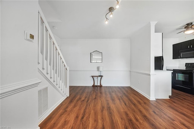 104 Camden Way Unit G, Yorktown, VA 23693 - unfurnished living room with wood finished floors, a ceiling fan, stairway, crown molding, and baseboards