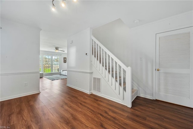 104 Camden Way Unit G, Yorktown, VA 23693 - stairway with wood finished floors, baseboards, a ceiling fan, and ornamental molding
