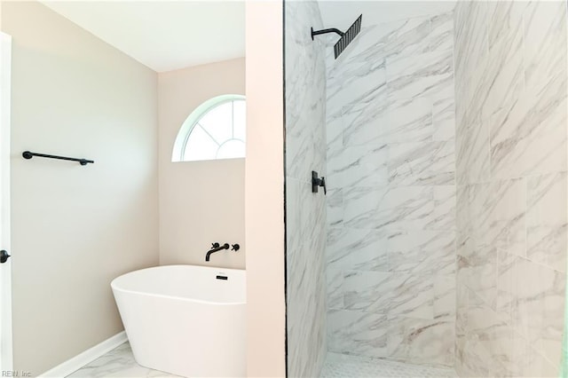 6100 Amberly Cir, Suffolk, VA 23435 - full bathroom featuring marble look tile flooring, a soaking tub, a tile shower, and baseboards