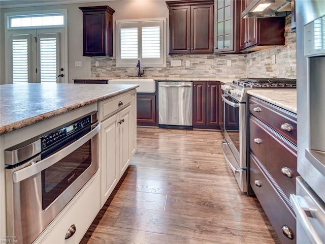 88 Alexandria Way, Carrollton, VA 23314 - kitchen with appliances with stainless steel finishes, a sink, ventilation hood, light wood finished floors, and decorative backsplash