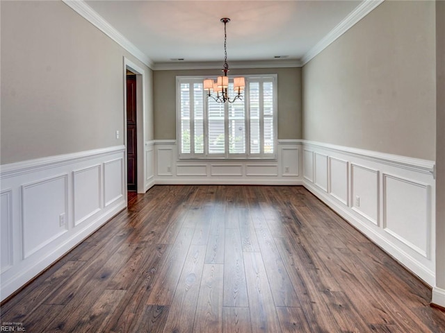 88 Alexandria Way, Carrollton, VA 23314 - unfurnished dining area featuring a chandelier, dark wood-type flooring, a wainscoted wall, a decorative wall, and ornamental molding
