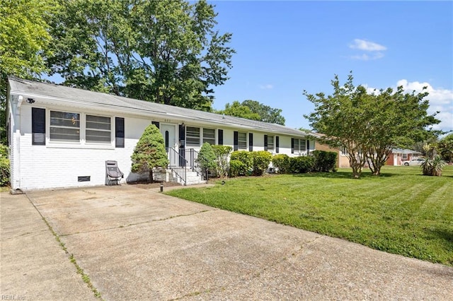 603 Page Dr, Hampton, VA 23669 - ranch-style home with a front lawn, crawl space, driveway, and brick siding