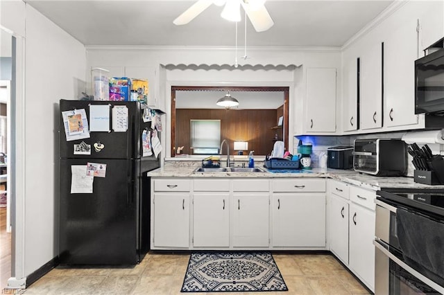 603 Page Dr, Hampton, VA 23669 - kitchen with black appliances, a sink, a ceiling fan, white cabinetry, and crown molding