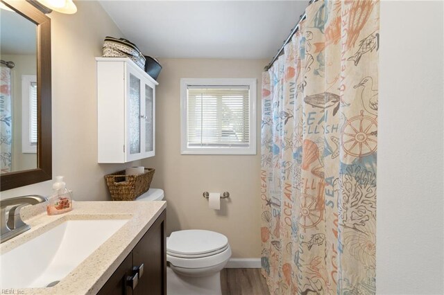 441 Cummings Rd, Virginia Beach, VA 23452 - full bath with vanity, toilet, baseboards, wood finished floors, and a shower with shower curtain