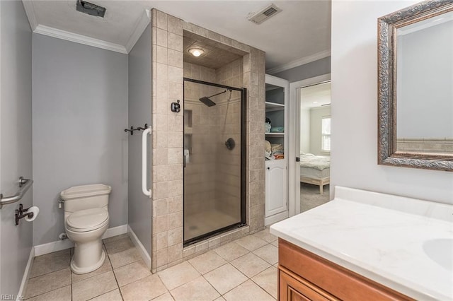 940 Blackwater Rd, Chesapeake, VA 23322 - bathroom featuring vanity, crown molding, a stall shower, toilet, and baseboards
