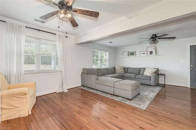 940 Blackwater Rd, Chesapeake, VA 23322 - living area featuring a ceiling fan, baseboards, wood finished floors, and ornamental molding