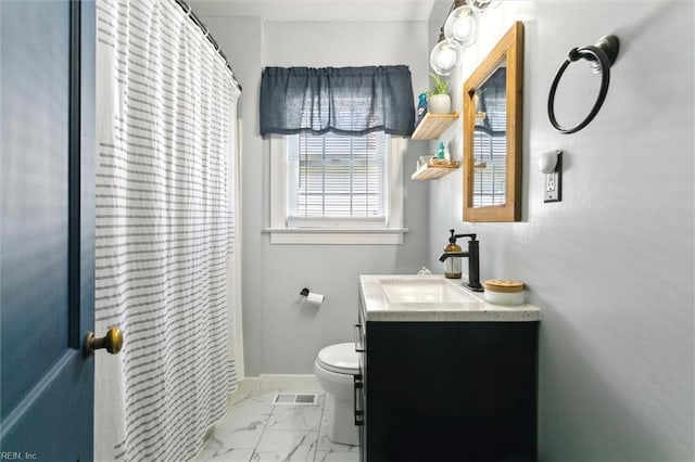131 Robinson Rd, Hampton, VA 23661 - bathroom featuring toilet, vanity, marble finish floors, baseboards, and a shower with curtain