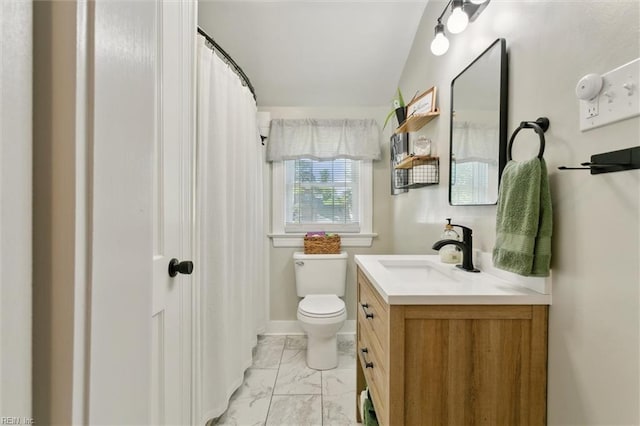 131 Robinson Rd, Hampton, VA 23661 - full bath featuring marble look tiles, toilet, vanity, and a shower with curtain