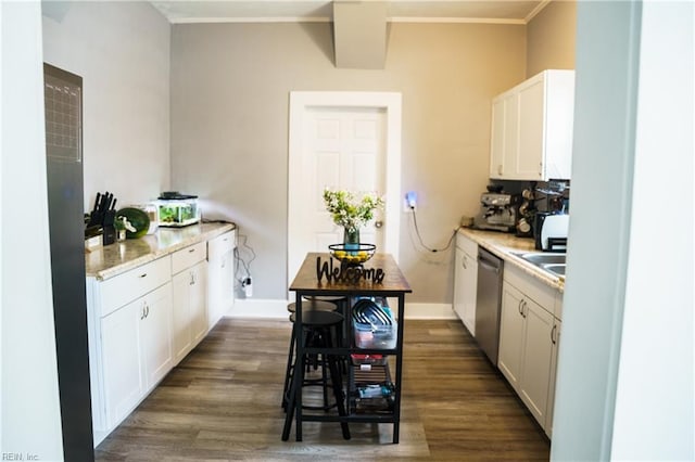 12 Benton Ave, Portsmouth, VA 23702 - kitchen with dishwasher, ornamental molding, white cabinetry, dark wood-style flooring, and a sink