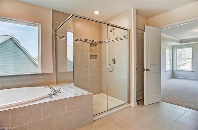 108 Brassy St, Suffolk, VA 23434 - bathroom featuring a shower stall, tile patterned floors, a bath, and recessed lighting