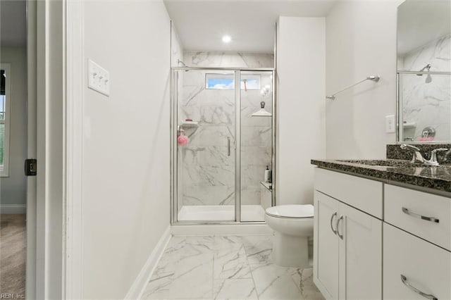 1544 Stanford Ln, Newport News, VA 23608 - bathroom featuring marble finish floors, toilet, vanity, and a marble finish shower