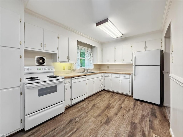 11 Redbud Ln, Newport News, VA 23602 - kitchen with white appliances, a sink, crown molding, light countertops, and white cabinets