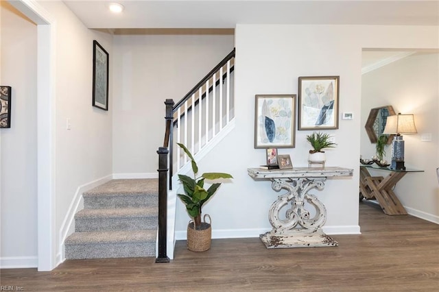 137 Preserve Way, Suffolk, VA 23434 - stairs with wood finished floors, baseboards, recessed lighting, and crown molding