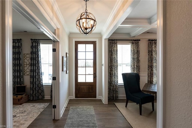 137 Preserve Way, Suffolk, VA 23434 - entrance foyer featuring ornamental molding, a chandelier, dark wood-style floors, beam ceiling, and baseboards
