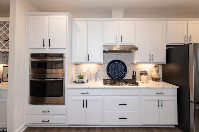 137 Preserve Way, Suffolk, VA 23434 - kitchen featuring appliances with stainless steel finishes, under cabinet range hood, white cabinetry, decorative backsplash, and light stone countertops