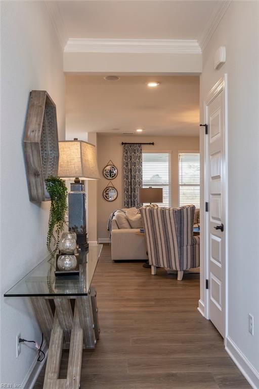 137 Preserve Way, Suffolk, VA 23434 - hall featuring wood finished floors, ornamental molding, baseboards, and recessed lighting