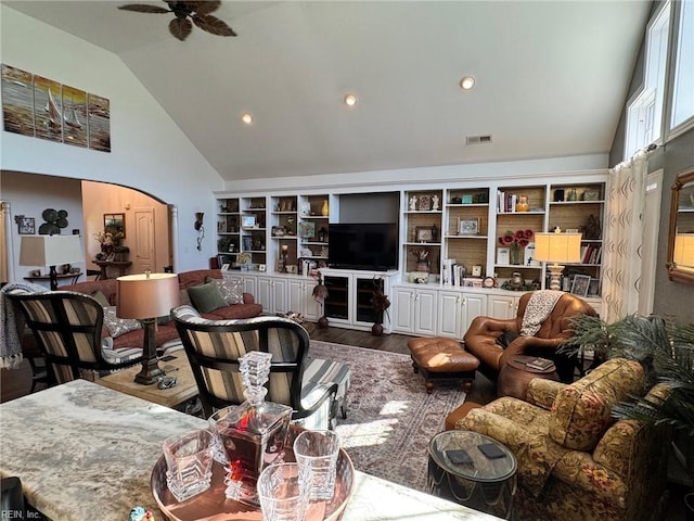 401 Muirfield, Smithfield, VA 23430 - living room featuring high vaulted ceiling, ceiling fan, wood finished floors, and arched walkways