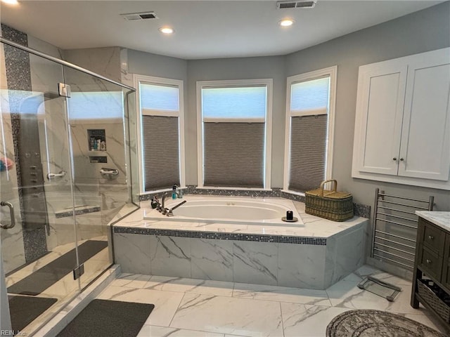 401 Muirfield, Smithfield, VA 23430 - full bath with a garden tub, marble finish floors, a marble finish shower, recessed lighting, and vanity