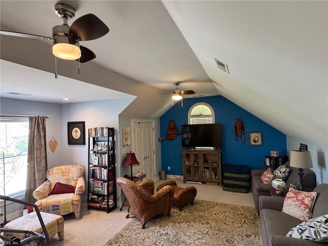 401 Muirfield, Smithfield, VA 23430 - living area with carpet floors, a ceiling fan, and vaulted ceiling