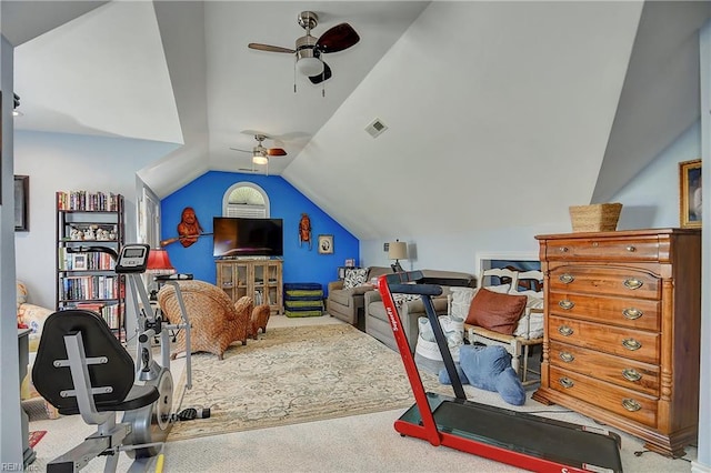 401 Muirfield, Smithfield, VA 23430 - exercise area featuring a ceiling fan, carpet, and vaulted ceiling