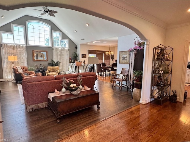 401 Muirfield, Smithfield, VA 23430 - living room with arched walkways, a ceiling fan, vaulted ceiling, a chandelier, and wood finished floors