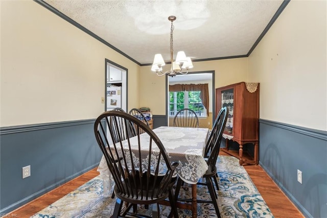 105 Stavenger Ct, Williamsburg, VA 23188 - dining room with crown molding, a chandelier, wood finished floors, and a textured ceiling