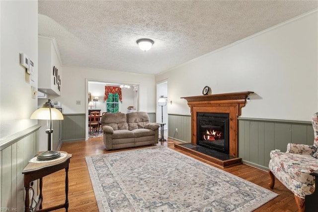 105 Stavenger Ct, Williamsburg, VA 23188 - living room featuring wainscoting, wood finished floors, a glass covered fireplace, a textured ceiling, and ornamental molding